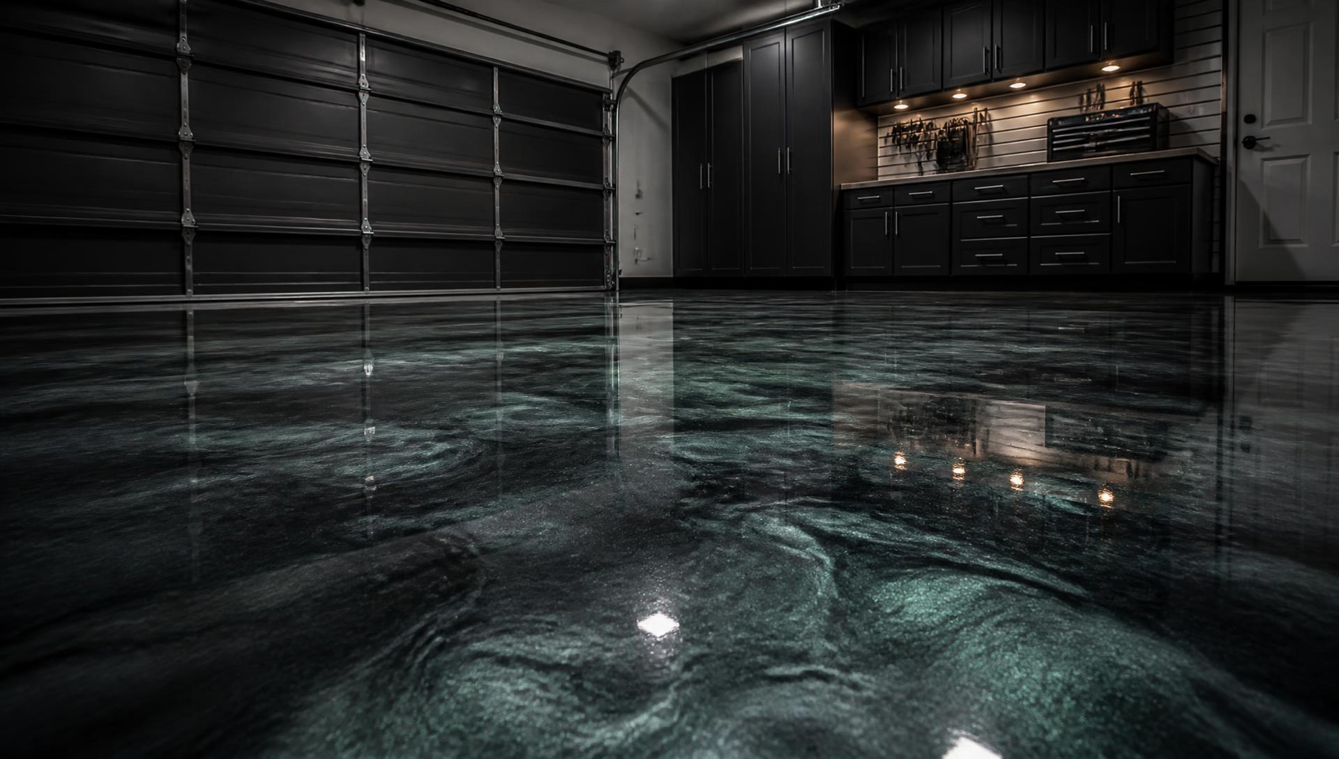 Glossy metallic epoxy garage floor finished by A.C.E.